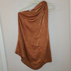 Story Dress Women Small Caramel Brown Satin One Shoulder Tunic Flowy Lightweight